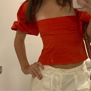 red puff corset sleeve top